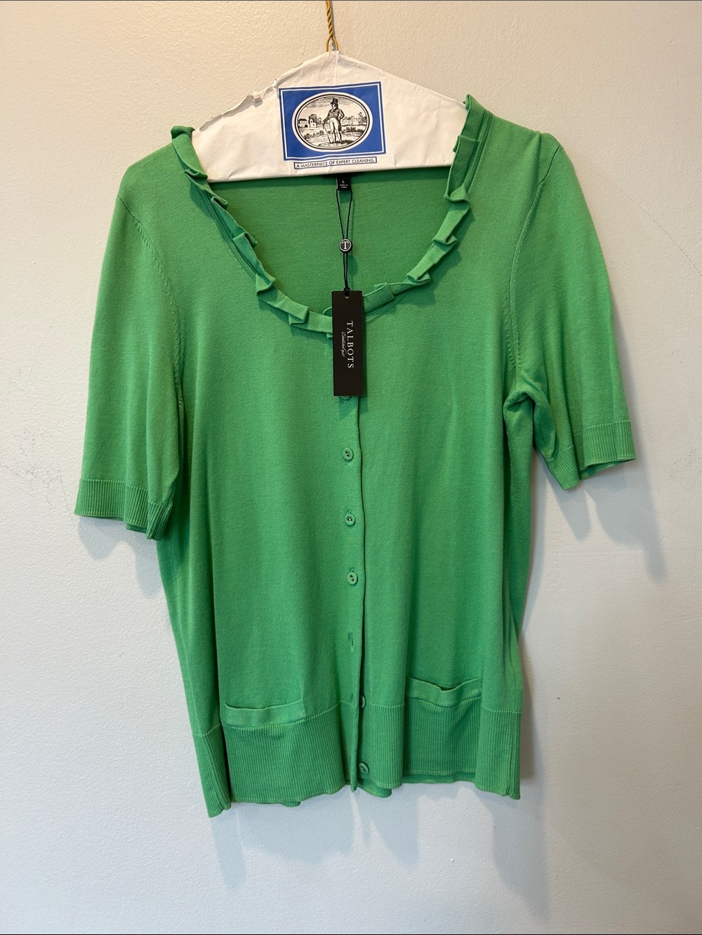 Talbots Green Ruffle-Trim Button-Front Short Sleeve Cardigan